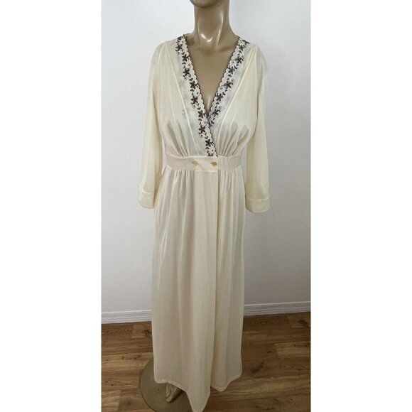 Vintage Kayser Women's M Peignoir Set Nightgown & Robe Nylon Ivory Brown Trim